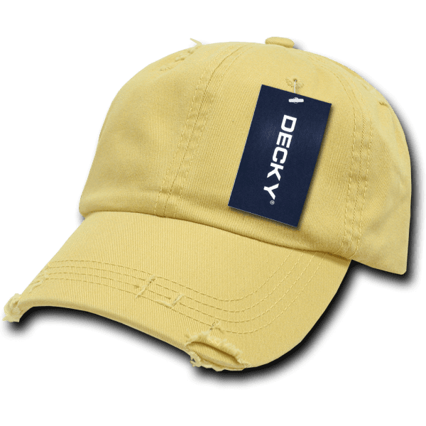 A yellow, vintage dad hat with a relaxed fit, featuring a distressed design and a brand tag.