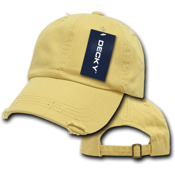 A yellow vintage dad hat featuring a distressed design and an attached tag, with an adjustable strap at the back.