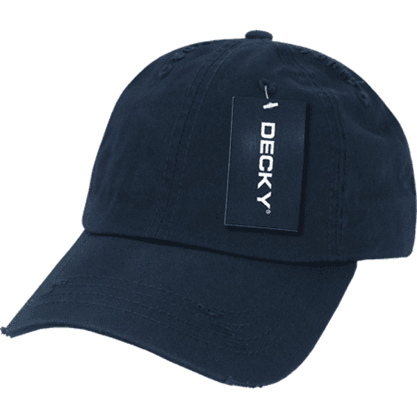 A navy blue 6-panel low-profile vintage dad hat with a branding tag.