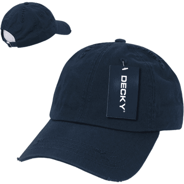 A navy blue 6 panel low profile relaxed vintage dad hat with a tag and a logo.