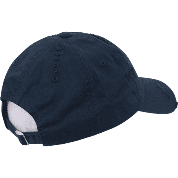 A navy blue low profile relaxed vintage dad hat featuring a back strap and an embedded logo.