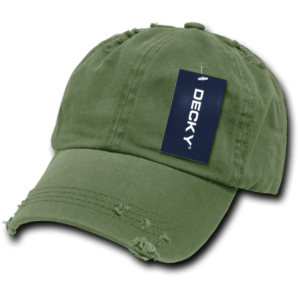 A vintage green dad hat with a low profile, featuring a frayed brim and a tag with branding.