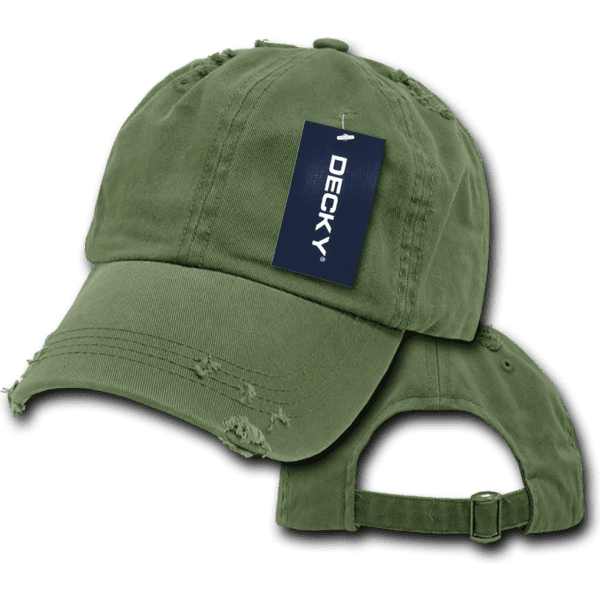 A green vintage dad hat with a relaxed fit, featuring a distressed design and a logo tag.