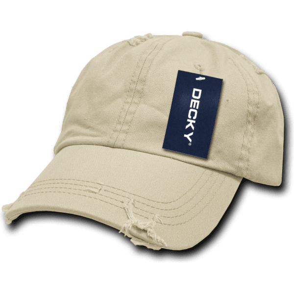 A vintage-style, low-profile dad hat in a light beige colour with a distressed look and a tag.