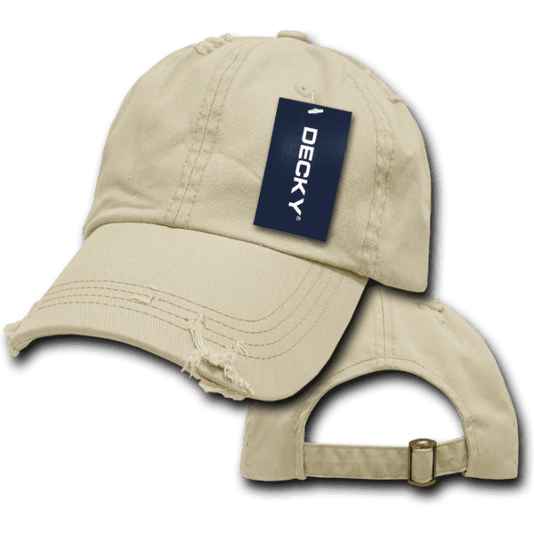 A beige vintage dad hat with a relaxed fit, featuring distressing and a brand tag attached.