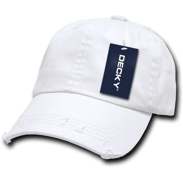 A white, relaxed vintage dad hat with a distressed design and a tag attached. It has a logo on the tag.