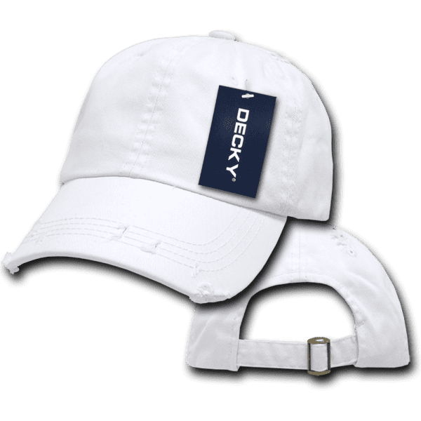 A white 6 panel low profile relaxed vintage dad hat with a tag and adjustable strap at the back.