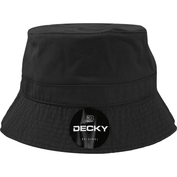 A black bucket hat featuring a logo. The hat has a wide brim and a textured surface.