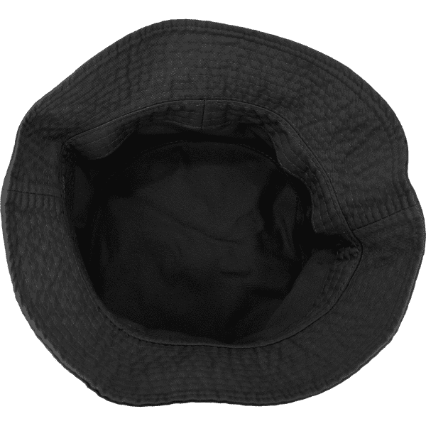 A black bucket hat with an interior lining, showcasing a textured pattern. It features a logo inside.