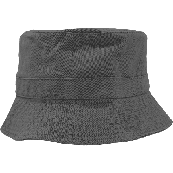 A relaxed charcoal bucket hat with a wide brim and a simple design. Features stitching details and a logo.