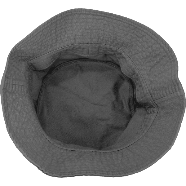A grey bucket hat with a textured surface, featuring an open interior without any visible lining or padding.