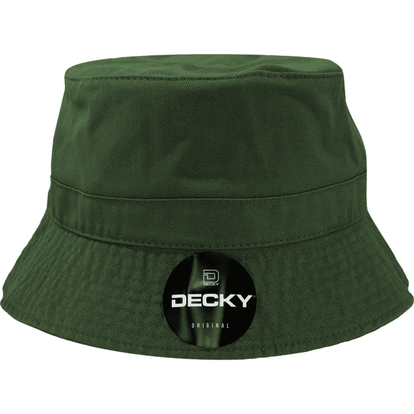 A green bucket hat with a textured brim and a logo on the side.