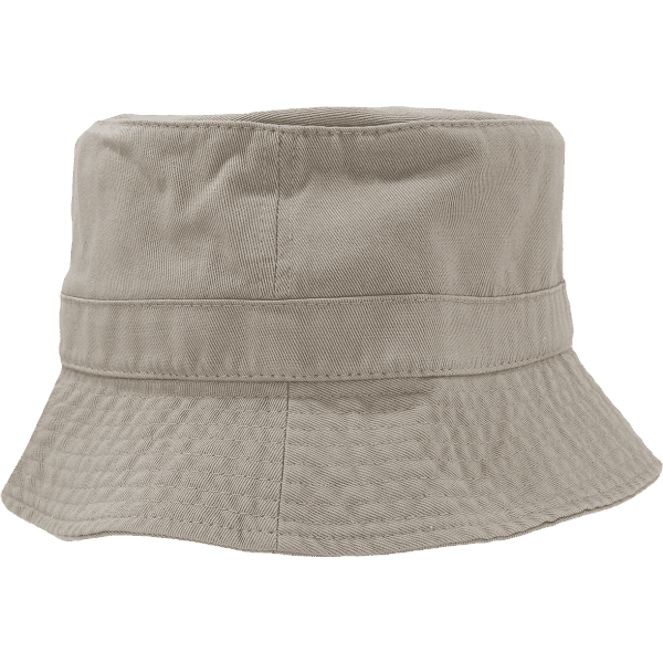 A beige bucket hat with a wide brim and a structured design. It features a subtle texture and has a logo.