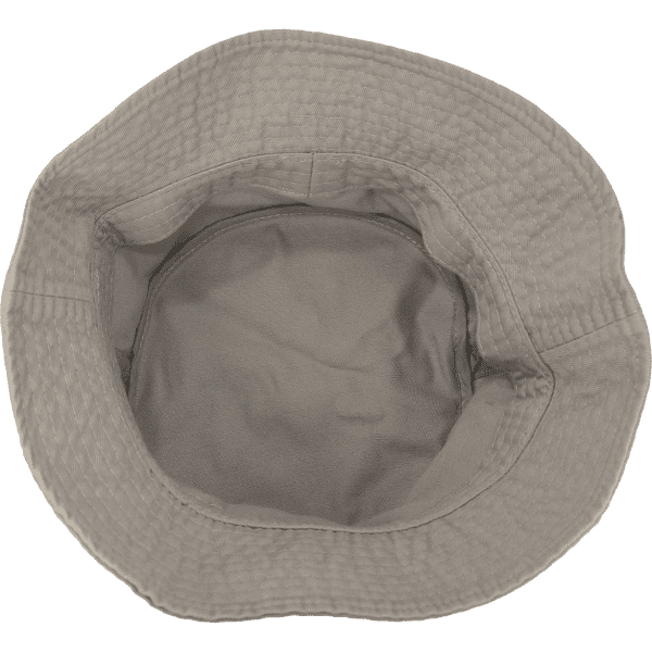 A relaxed grey bucket hat with a textured exterior and a smooth inner lining, featuring a logo on the side.
