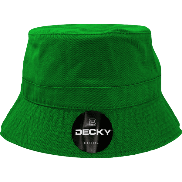 A green bucket hat featuring a branded logo on the front.