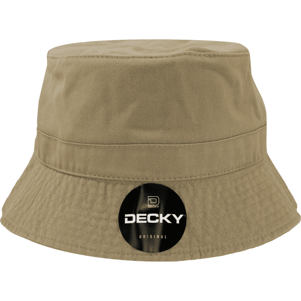 A tan bucket hat featuring a circular logo at the front. The hat has a wide brim for sun protection.