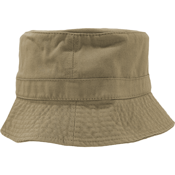A khaki bucket hat with a wide brim and a foldable band, featuring a logo on the side.