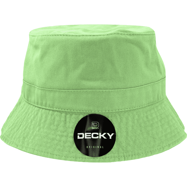 A green bucket hat featuring a branded logo on the front. The hat has a wide brim and a textured finish.