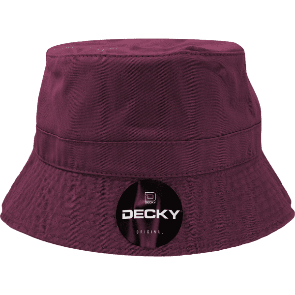 A maroon bucket hat featuring a logo on the side, designed for outdoor wear.