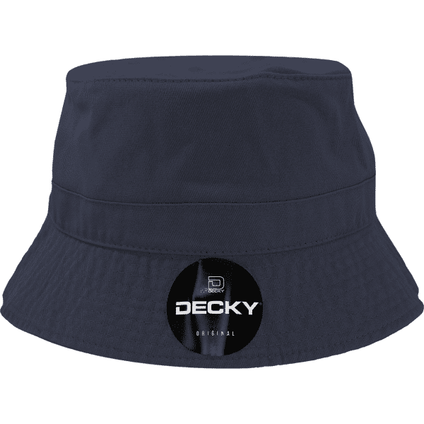 A navy blue bucket hat featuring a logo on the side. Perfect for casual wear.