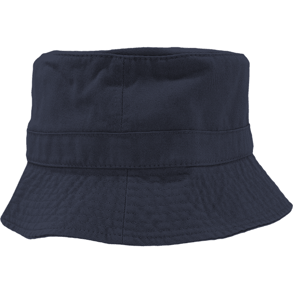 A navy blue bucket hat with a wide brim and a simple design. It features a branding logo.