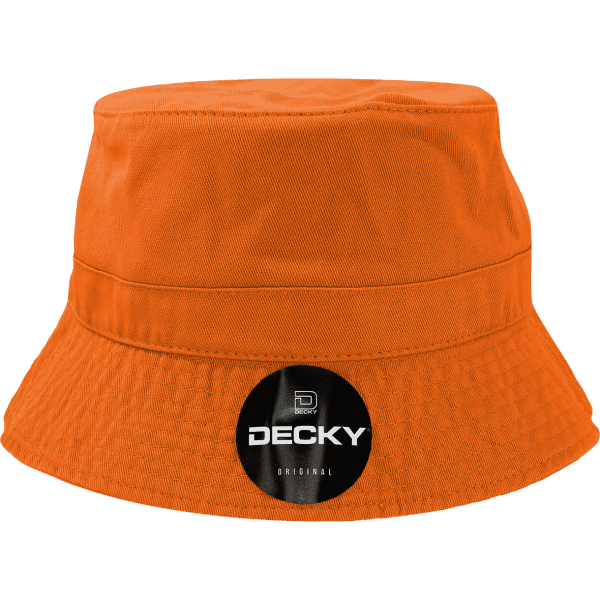 An orange bucket hat with a round logo on the front, featuring a wide brim for shade.