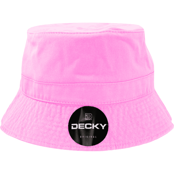 A pink bucket hat featuring a logo on the front. The hat has a wide brim and a textured finish.