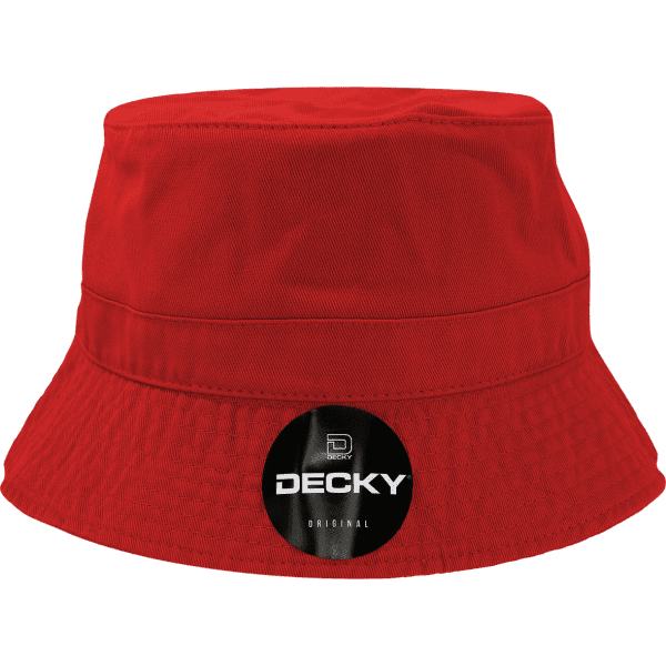A red bucket hat featuring a logo on the front, made from durable fabric. Suitable for headwear.
