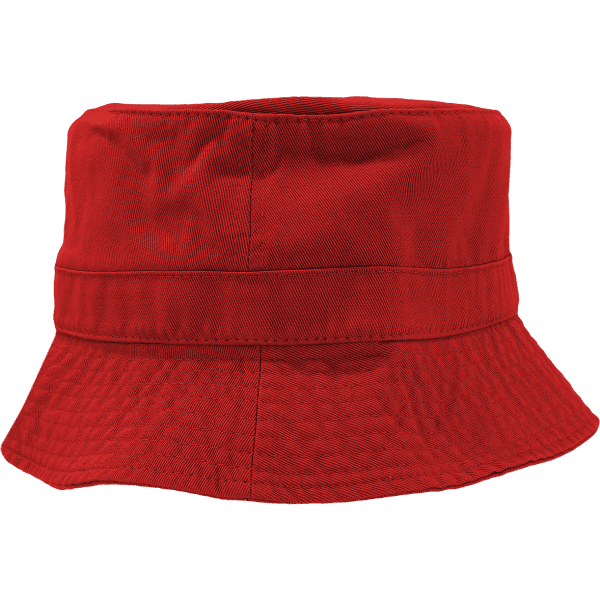 A red bucket hat with a wide brim and a stitched design, featuring a logo on the side.