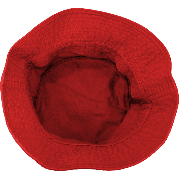 A red bucket hat viewed from above, featuring a textured interior and no visible branding.