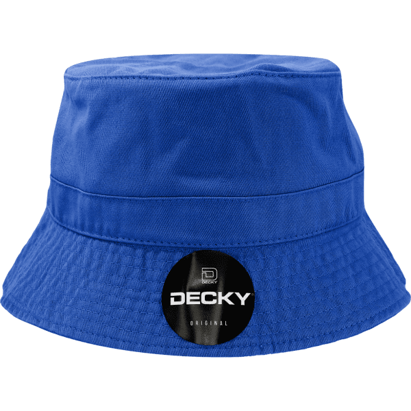 A blue bucket hat featuring a branding tag. The hat has a wide brim and a structured design.