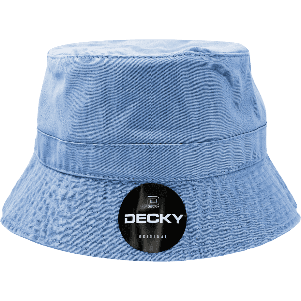 A light blue bucket hat featuring a branded logo on the front and a wide, textured brim.