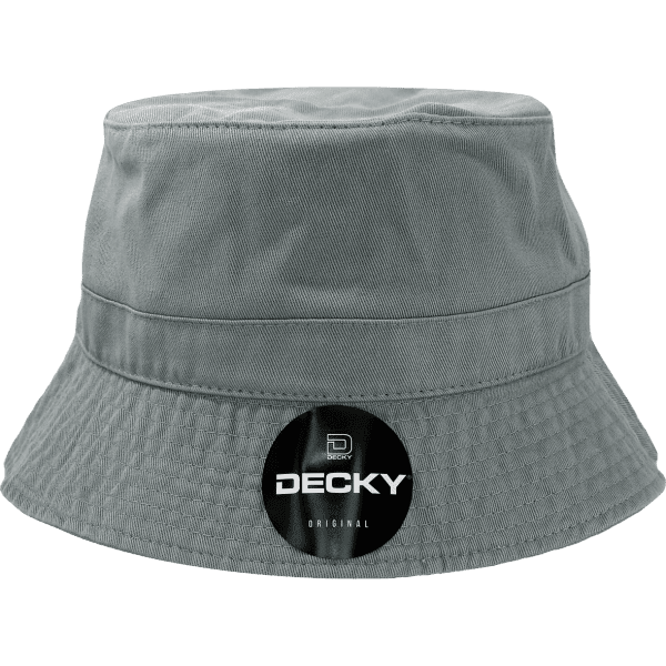 A grey bucket hat with a wide brim and a logo on the front.