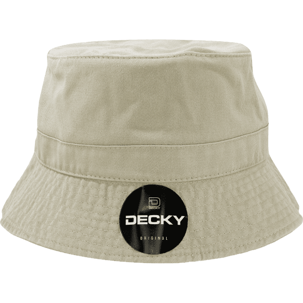 A beige bucket hat featuring a branded logo on the front. The hat has a wide brim and a classic design.