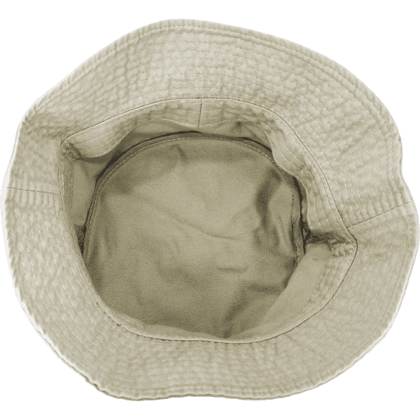 A tan bucket hat with a textured outer layer and smooth inner lining, featuring a simple design.