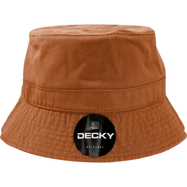 A brown bucket hat featuring a logo on the front, made from a textured fabric.