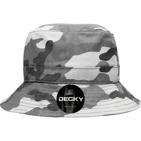 A grey camouflage bucket hat with a branded tag attached. The hat features a wide brim and a rounded top.