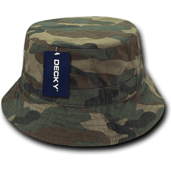 A camouflaged bucket hat with a label, featuring shades of green, brown, and tan.