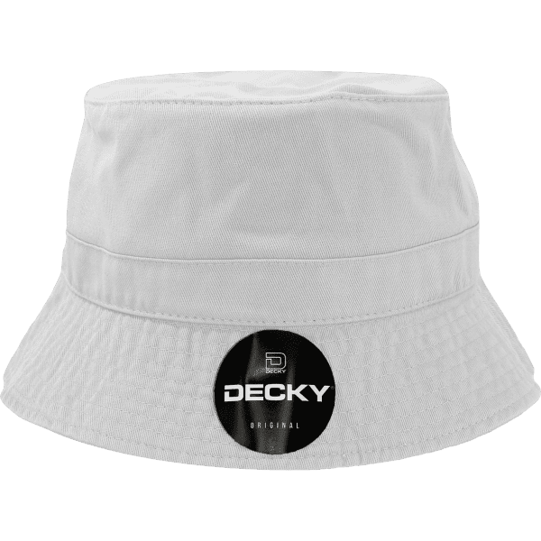A white bucket hat featuring a branded logo on the front and a wide brim.