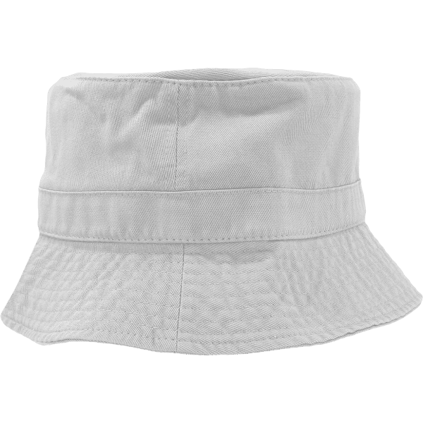 A bucket hat in white with a structured design and a wide brim, featuring a logo.