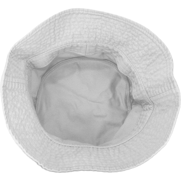 A white bucket hat with a textured exterior and a smooth interior. It features an inner lining and has a branding logo.