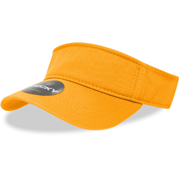 A yellow polo visor featuring a curved brim and a branded logo on the front.