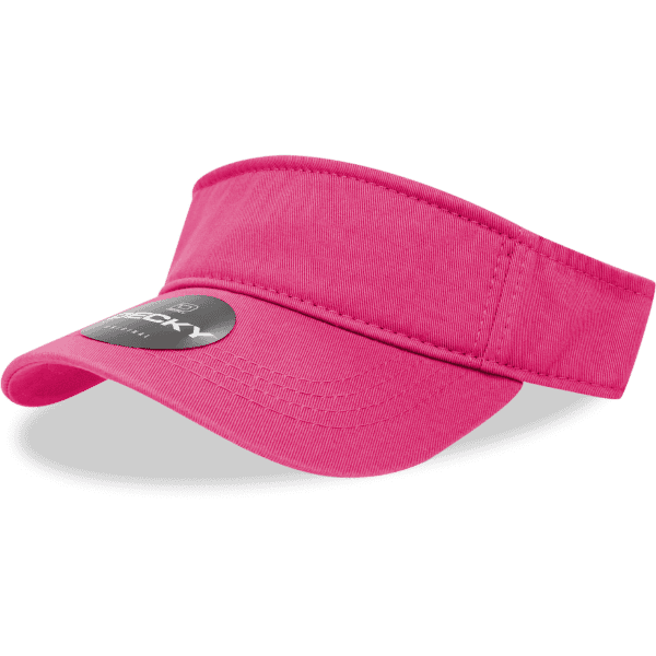 A pink polo visor with a wide brim and a logo on the front.