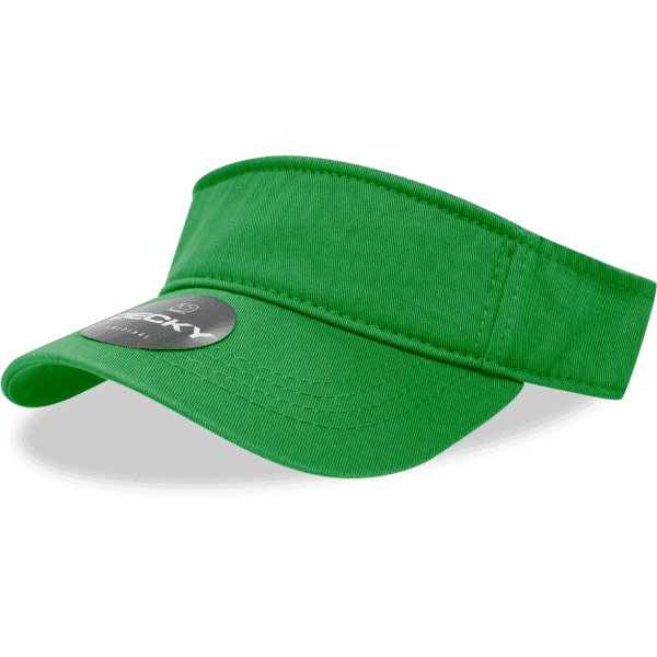 A green polo visor featuring a branding logo on the front and a curved brim.