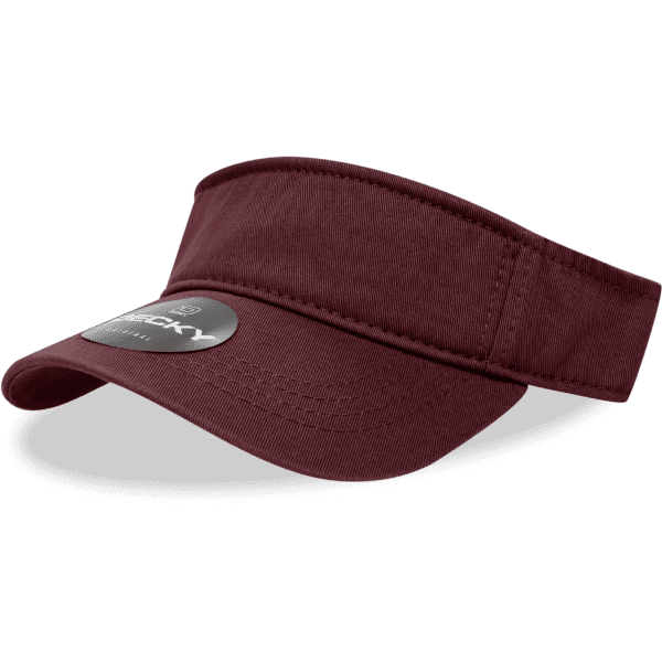 A maroon Polo Visor with a wide brim and a logo, displayed at an angle against a transparent background.