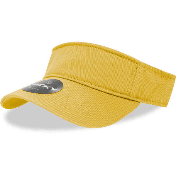 A yellow visor with a wide brim and a logo on the front. The visor is made of fabric.