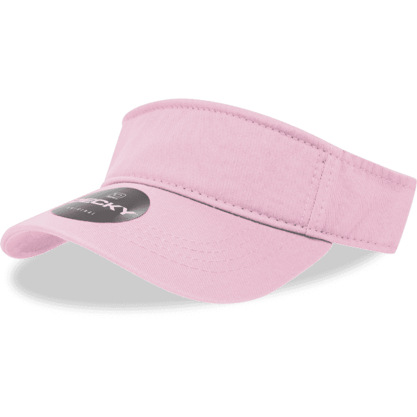 A pink visor with a wide brim and a circular logo on the front.
