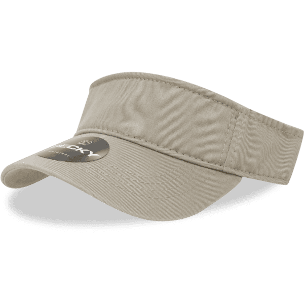 A beige visor with a wide brim, featuring a round logo on the front.