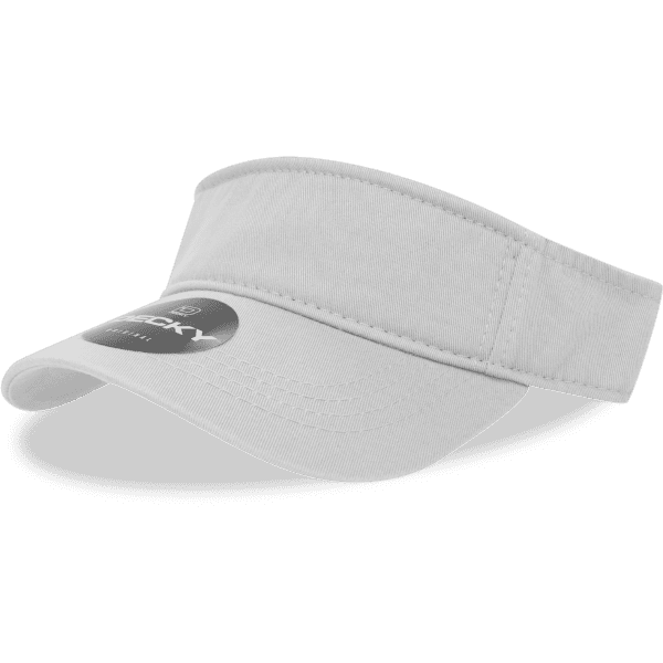 A white visor cap featuring a branded logo on the front and a wide brim for sun protection.