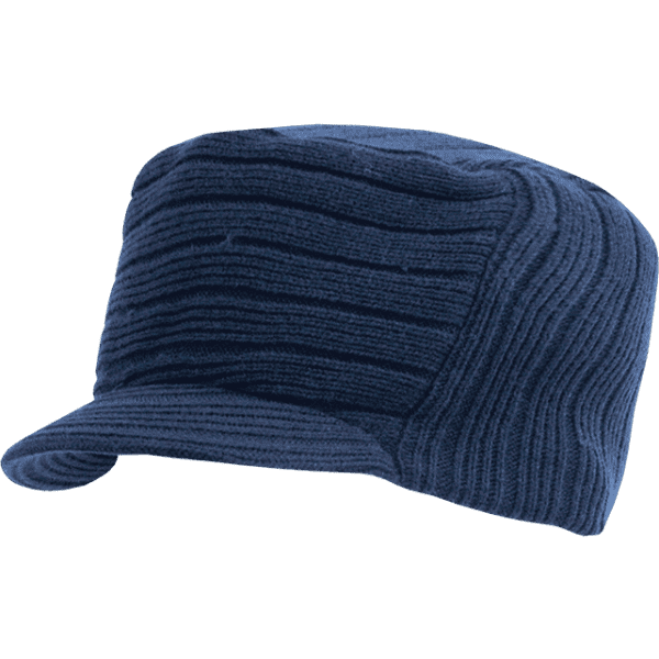 A flat top cap in dark blue with a textured, ribbed design and a short visor. Features a logo on the side.